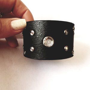 Rhinestone Studded Black Leather Cuff Bracelet 7.5